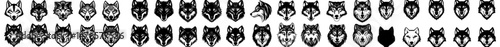 A set of wolf head face portraits features the profile of an angry, roaring animal with its mouth open, showcasing a wild canine predator mammal in a simple black and white linocut tattoo silhouette