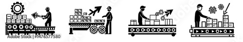 Production line featuring a factory workman on a conveyor as a black icon