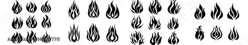 Tribal-style black fire flames feature long swirls, symbolizing burning heat in a simple, flat, black and white design