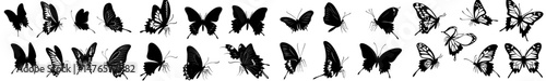 A set of black silhouette icons featuring butterflies, showcasing their beautiful wings as flying insects, is available for sticker print, tattoo design elements, and simple logos in a flat style