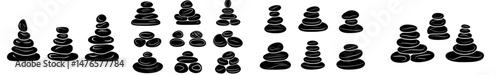 Silhouettes of Zen stones are featured alongside abstract balanced pyramids and decorative hand-drawn botanical elements to evoke harmony, relaxation, and recreation in a neoteric modern set
