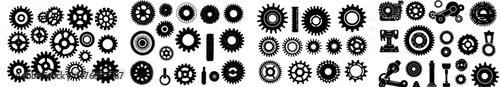 A set of simple black and white icons featuring gear, including bicycle sprockets, mechanical cogwheels, and chainrings, is available in a modern flat style