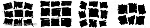 Torn paper with black frames featuring rough edges, along with grunge-inspired jagged rectangle pieces and ripped shape silhouettes, serves as a template for banners, stickers, and posters in a