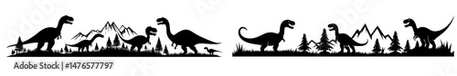 Silhouettes of prehistoric dinosaurs in monochrome, set against a backdrop of modern animals and reptiles amidst jurassic forest trees and mountains, featuring titanosaurs, velociraptors,