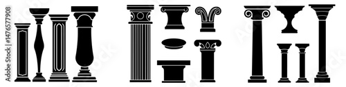 The silhouette set consists of antique vintage column pillars, incorporating elements of Roman and Greek temples, symbolizing ancient architecture, suitable for historical exhibitions in museums,