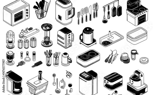 Kitchen icons, home furniture, and electric appliances like a microwave, fridge, and blender, are part of a 3D household appliance collection and a modern cooking equipment set, which also includes a