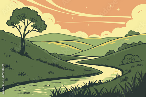 101 winding river through rolling hills, vibrant sunset sky, dreamy landscape, serene nature scene, atmospheric colors, idyllic outdoors, beautiful scenery, scenic vista, tranquil environment, mesmeri