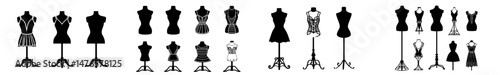 A set of black mannequin icons, including tailor fashion symbols and sewing dummies, featuring male and female torsos on stands for dressmaking with fabric and cloth, in a simple black and white flat