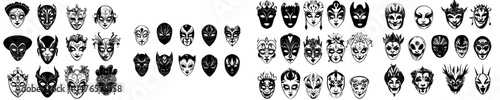 Modern Italian carnival masks are depicted in a set of engravings, showcasing traditional face coverings for festival masquerades, Venetian anonymity, and jewelry extravaganza accessories in black