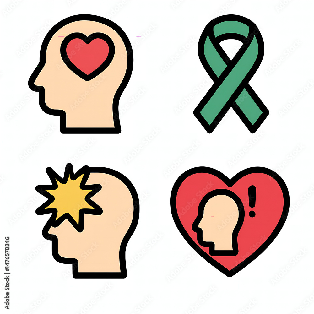 Icon set promoting mental health awareness with a head and heart, teal ribbon, starburst, and heart with an exclamation, symbolizing care and urgency on a white background. Icon set promoting mental health awareness with a head and heart, teal ribbon, starburst, and heart with an exclamation, symbolizing care and urgency on a white background.