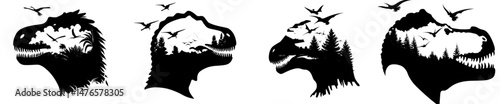 A prehistoric dinosaur head silhouette is set against a backdrop of jurassic dino animals and a jungle landscape at sunset in a modern double exposure, featuring a Tyrannosaurus rex roaring alongside
