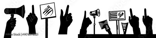 A fan holds a banner, while a human hand grasps a flag, foam fingers, and emits a beep, set against isolated sport fans and festival black arm silhouettes on a party and competition modern background