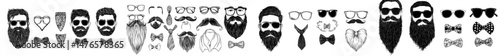 A hipster male's black silhouette is characterized by a beard icon, moustache, hair, or glasses on the face, unique ties, and curly head shapes, symbolizing a gentleman model in a modern barbershop
