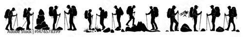 The silhouettes of mountain climbers are in black, with hiking characters depicted carrying backpacks and walking poles, and a group of people climbing upwards, forming a modern set