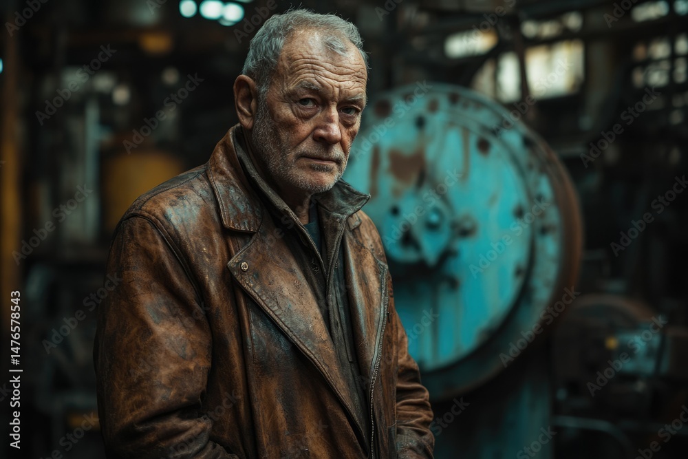 Naklejka premium A weathered man in a brown leather jacket stands in a grunge industrial setting.
