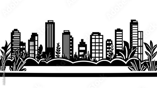 Coloring book page illustrating a modern urban city with skyscrapers in a graphic style, including a town landscape with street and bushes