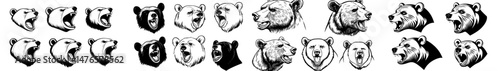 Polar bear portraits in an engraving style, featuring white bears' heads in various rotations, as part of an animalistic sketch of a wild north pole animal in a modern collection
