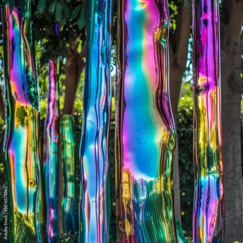 A surreal forest made of iridescent glass trees, their trunks swirling with vibrant greens, pinks, and blues, reflecting the morning sunlight