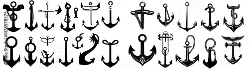 Cartoon anchors made from different materials such as metal, wood, and stone are part of a unique collection of marine nautical symbols and ship equipment, including tools for boats and sailboats in