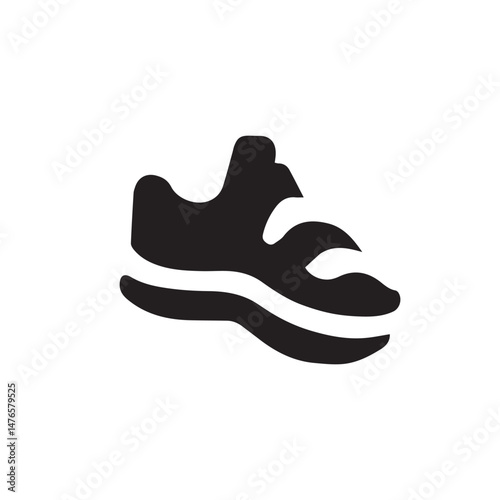 Pair of athletic shoes, side view.  Simple, solid black silhouette of a shoe with two straps across the vamp