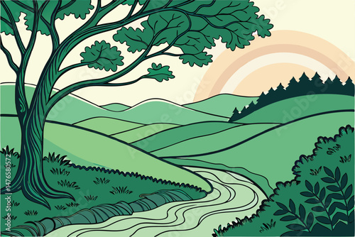 102 3d papercraft landscape, dynamic layered papercut art, vibrant bold colorful nature scenery, rolling hills, winding river, soft gradient background, digital illustration, highly detailed