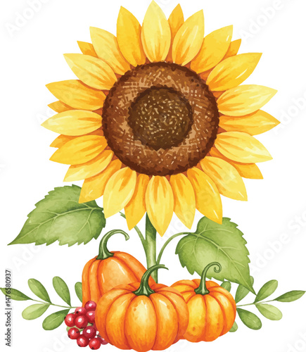 Watercolor Sunflower with Pumpkins and Autumn Elements
