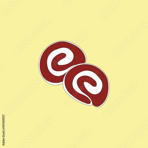 Red velvet swiss roll cake with icing cream vector illustration. Sweet pastry dessert