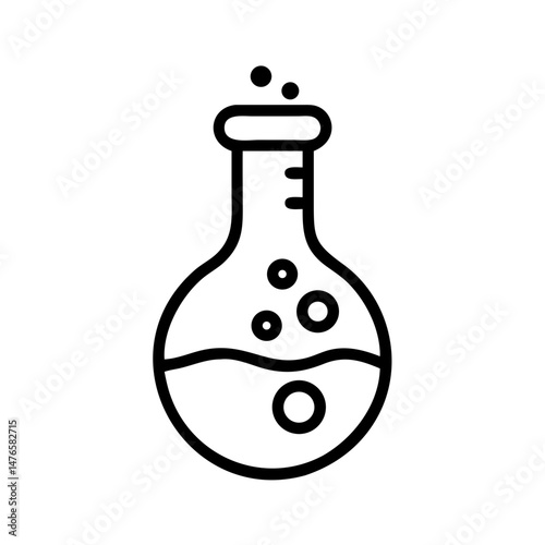 Minimalist black outline vector icon of a laboratory flask filled with liquid and bubbles, simple scientific design.