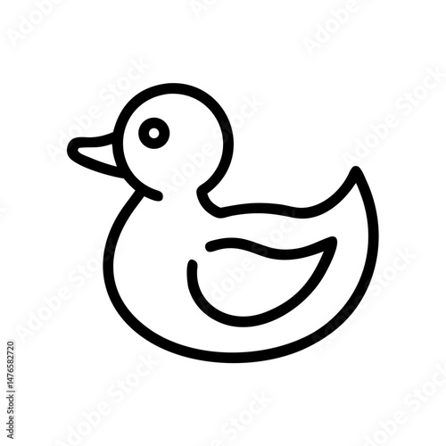 Minimalist black outline vector icon of a duck toy, symbolizing baby bath time, childhood, and parenting in a playful and clean design