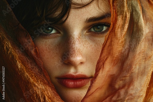 A freckled woman's face is partially obscured by an orange fabric, creating a mysterious and alluring portrait.