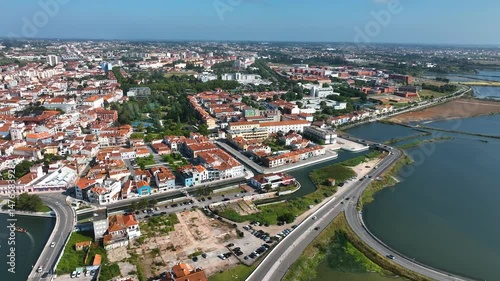 High-altitude view of central Aveiro, Portugal with urban roads, canals, buildings and wetland edges