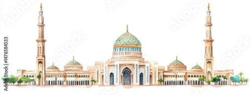Oman Sultan Qaboos Mosque with national emblem watercolor