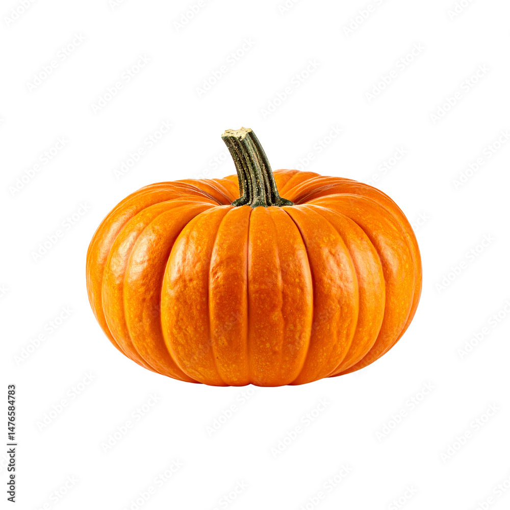 Obraz premium orange pumpkin with textured surface and green stem, perfect for autumn decorations and Halloween festivities. Its round shape and deep grooves add to its charm