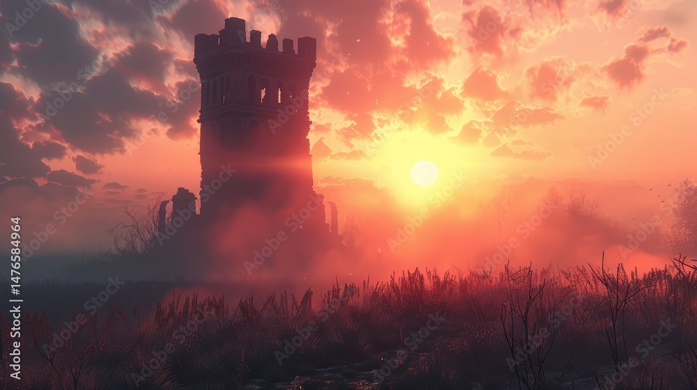 Fototapeta premium Ruined tower at sunrise through a misty field.