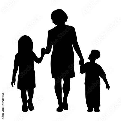 Mother walking with two kids silhouette illustration