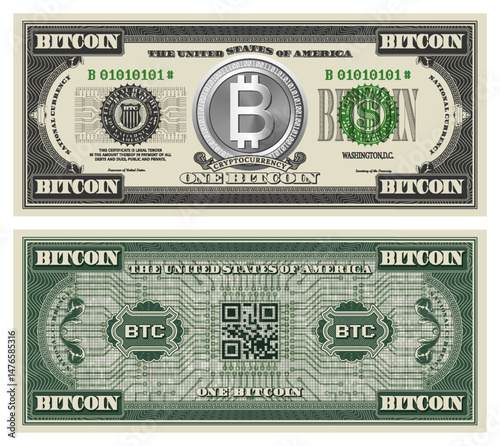 Vector obverse and reverse of green banknote in vintage style of United States of America. QR code means bitcoin. Pixels and computer chip. Silver coin or medal. Cryptocurrency and block chain