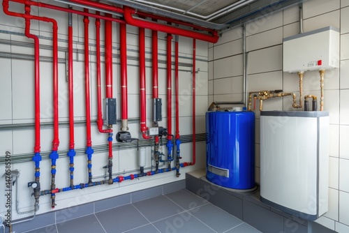 House heating system equipment. Pipelines. Basement mechanical room with condensing water heater, storage tank, plumbing systems. Plumbing service. Pipeline in boiler room. Pipes. Wall installation.