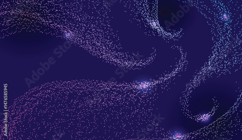 Abstract blue glowing energy waves from dotted line particles with blur effect on dark background. Futuristic modern backdrop design for business, presentation, ads, banner, website, landing page.