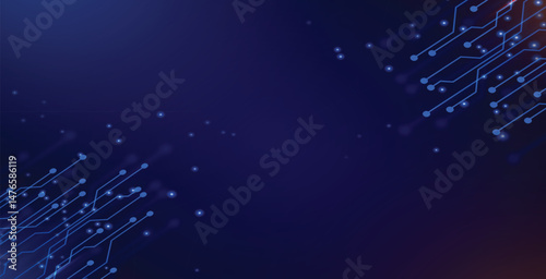 Abstract blue glowing energy waves from dotted line particles with blur effect on dark background. Futuristic modern backdrop design for business, presentation, ads, banner, website, landing page.