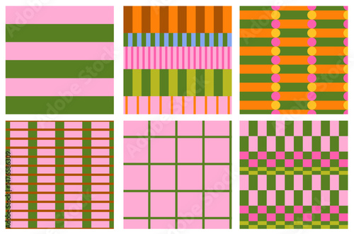 Vibrant engineered stripes and plaid seamless pattern collection. Checkered background, wide stripes geometric designs for fabrics, home decor, stationery, banner, cards etc.