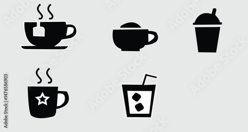 Hot drinks and beverages silhouette icon set – solid style coffee, tea, and refreshment symbols for menu design