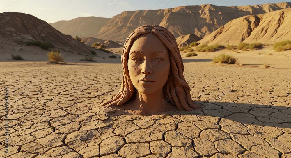 Fototapeta premium Head in desert landscape dry cracked earth