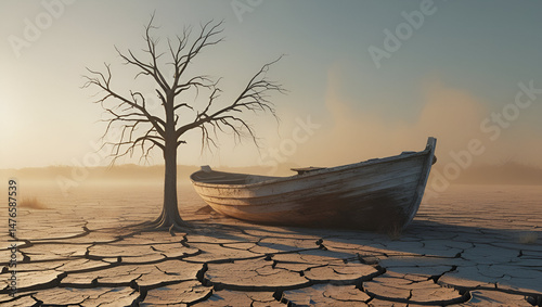 wooden boat and tree on Death Valley area dry lake with cracked earth/Desert landscape with cracked earth and old boat concept of climate change