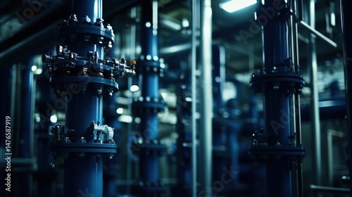 Industrial pipe systems with valves and equipment in a dimly lit environment