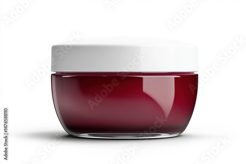 Red glass cosmetic jar with white plastic lid isolated on white background, shadows. Skin care SPA beauty product design. Mineral organic cream bottle. Mock-Up tube. Face body treatment. Front view.
