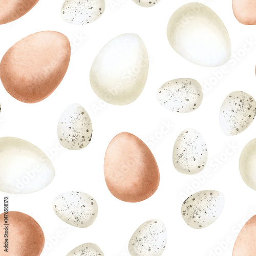 White brown chicken quail eggs watercolor seamless pattern. Hand drawn realistic repeat background in light pastel beige colors. Easter, farm and village clip art for rural designs