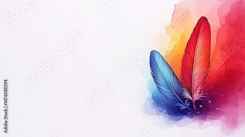 Isolated on white, whimsical feather tattoo flash in watercolor style with celestial elements, stars and moon, mystical and enchanting