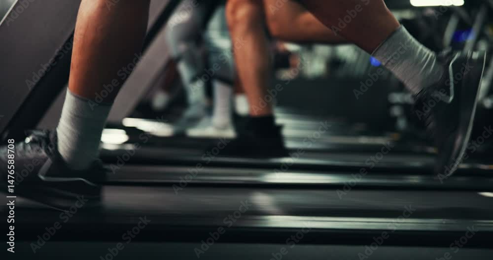 Sneakers, legs and people on treadmill for fitness, sports or race training with athlete group for endurance workout. Energy, run or walk with shoes on machine, cardio or health with exercise at gym
