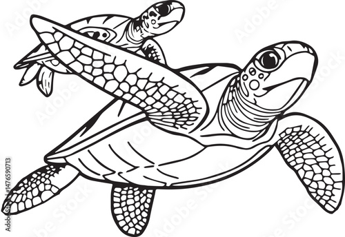 Cute marine animal shows two sea turtle Coloring Page.