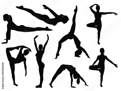 Silhouette of a woman performing different stretching and warm-up exercises